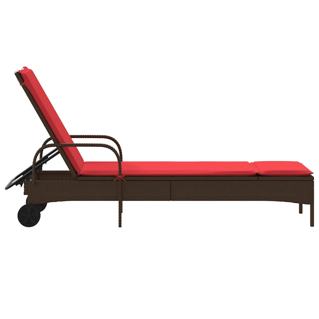 Lettino prendisole con ruote e Cuscino in Polyrattan Marrone 368314