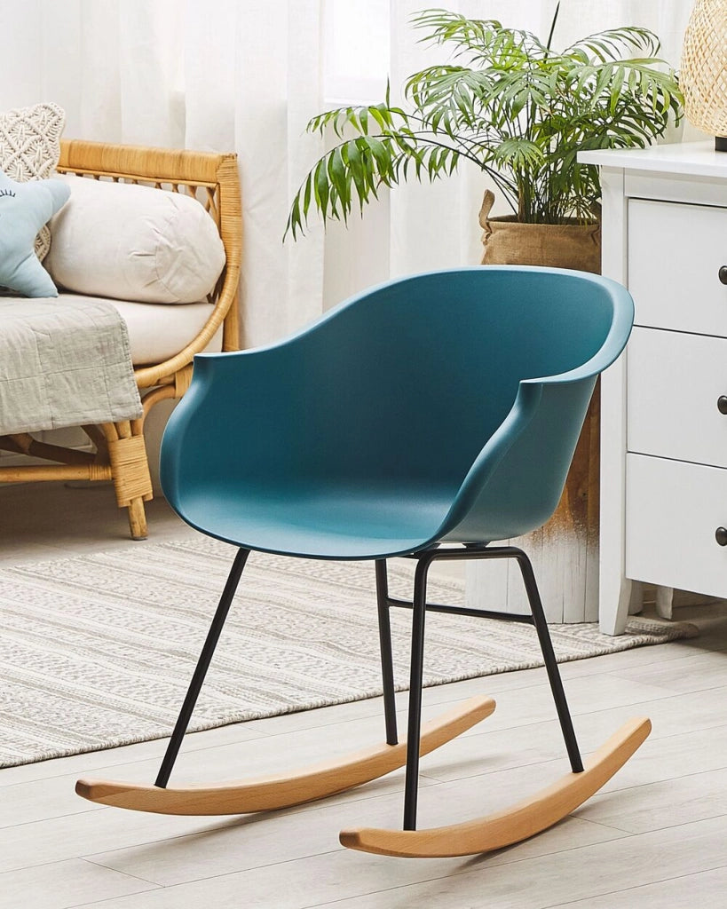 Sedia A Dondolo Verde Smeraldo Gambe In Metallo In Materiale Sintetico Seduta Conchiglia Pattini In Legno Massello Stile Scandinavo Moderno