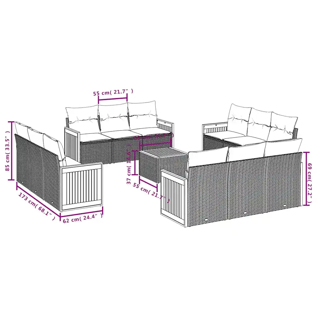 Set Divani da Giardino 13 pz con Cuscini Grigio in Polyrattan 3227524