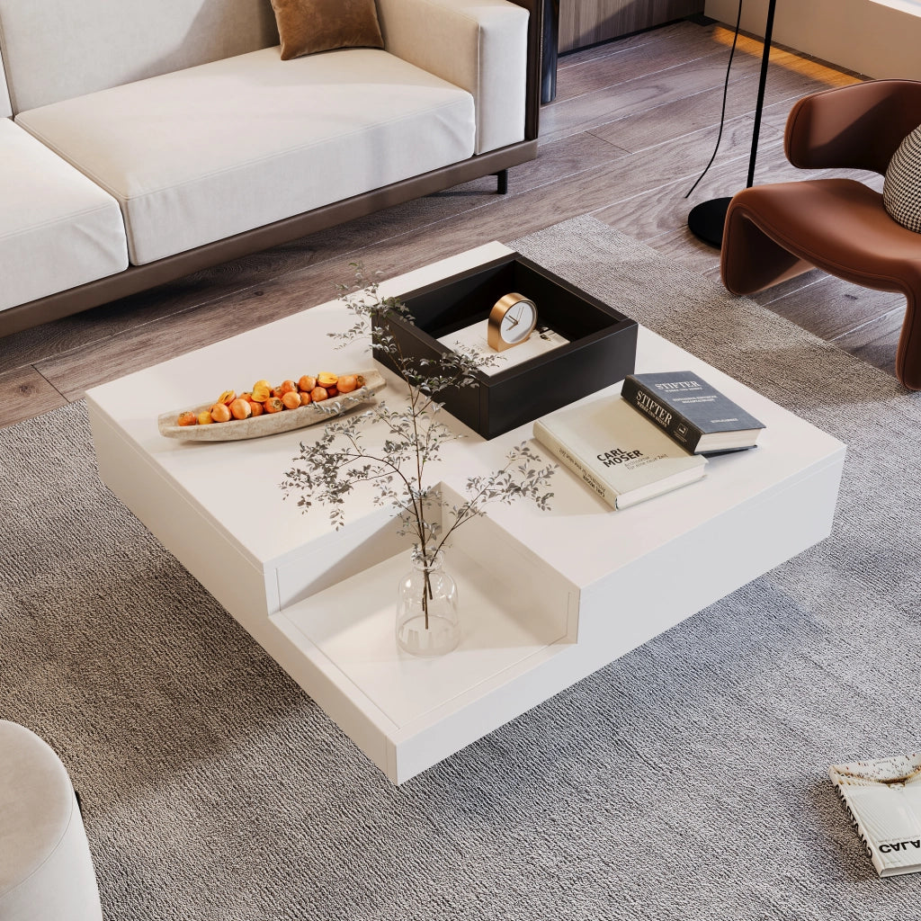Tavolino da Salotto Quadrato con Box Contenitore Rimovibile e LED; Bianco e Nero; Lucido; in Pannello di Particelle; 72¡Á72¡Á30 cm