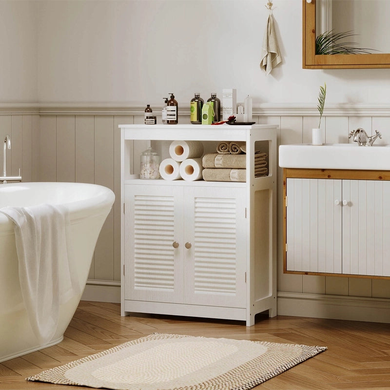Mobiletto da bagno autoportante con ripiano e ante, stile loft scandinavo, bianco