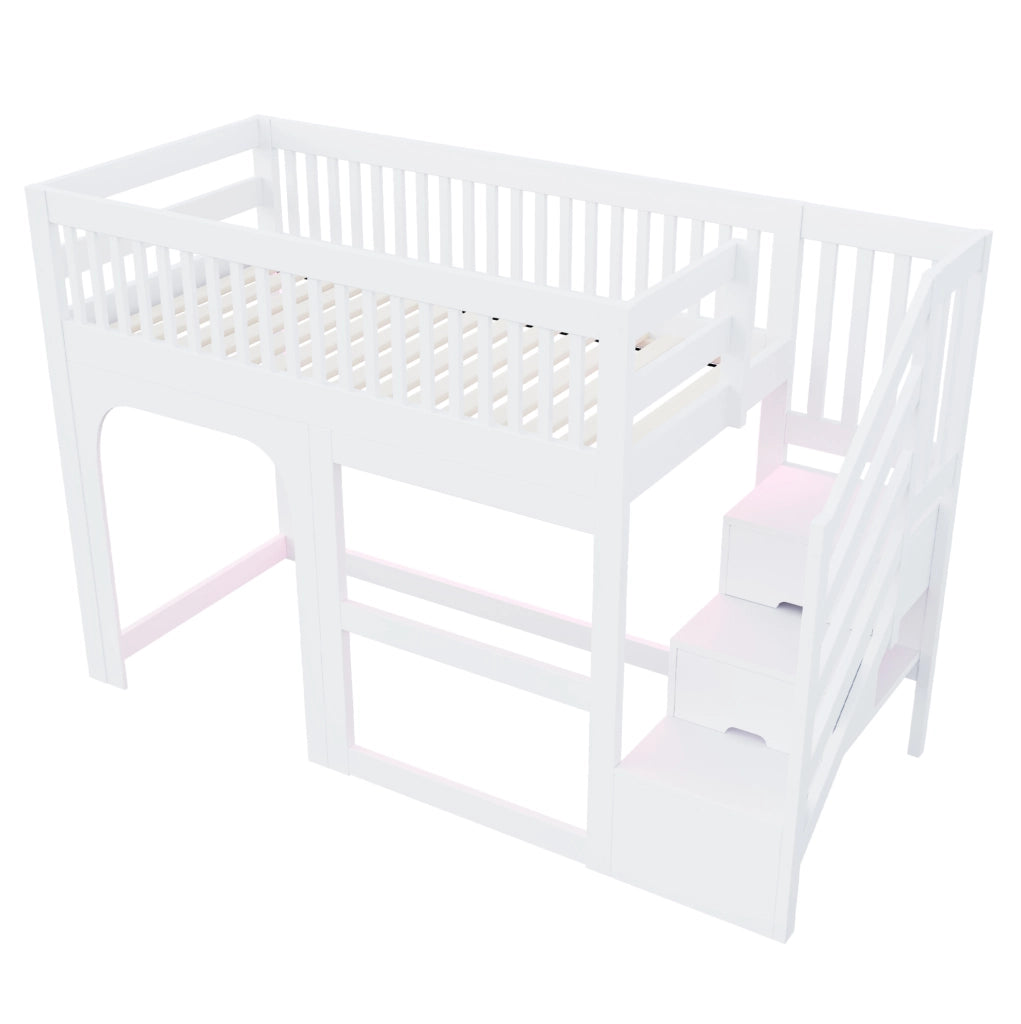 Letto a soppalco per bambini 90x200 cm in legno bianco con scala contenitore e LED