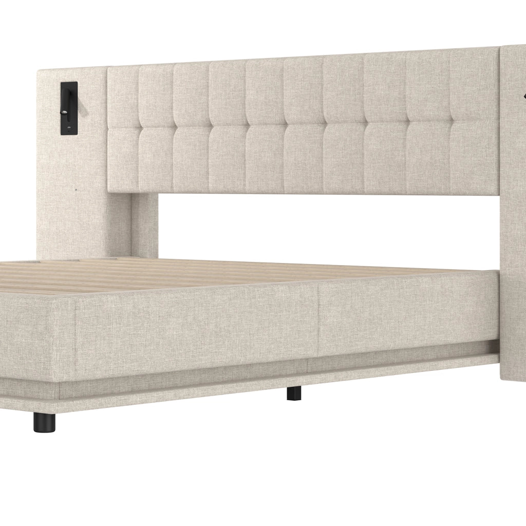 DESMIU Letto Matrimoniale 180 × 200 cm con LED regolabile, luce da lettura e USB, senza materasso, lino, beige