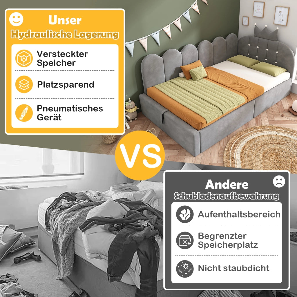 Letto divano 90 × 190 cm con contenitore idraulico e struttura a L reversibile, senza materasso, in velluto, grigio