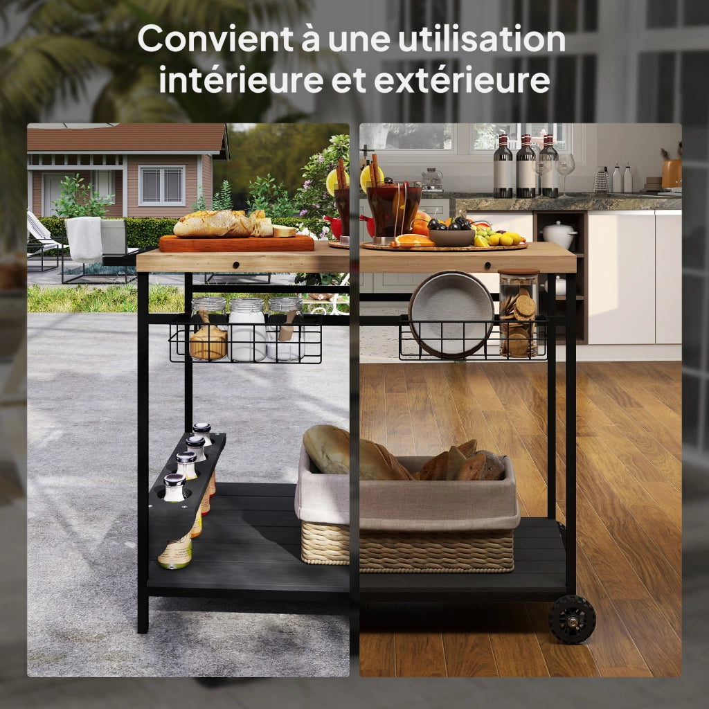 Carrello da giardino per barbecue ¨C Minimal ¨C legno e metallo 2 ripiani 2 cestini