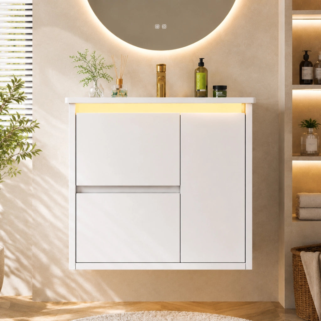 Mobile bagno sospeso bianco da 61 cm con luce LED e lavabo integrato