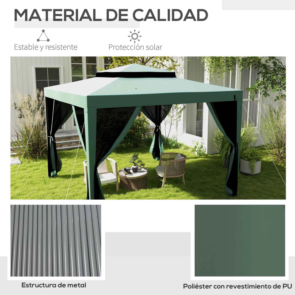 Gazebo da giardino 3x3 m ¨C Minimal ¨C verde con 4 zanzariere laterali e tetto doppio