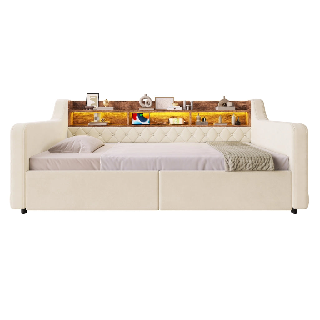 Letto imbottito 90x190 cm con LED; ricarica e 2 cassetti in velluto beige