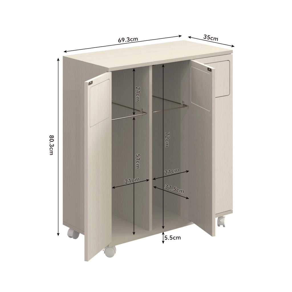 Armadio porta rifiuti a 3 scomparti su ruote, effetto legno chiaro, 69,3x35x80 cm