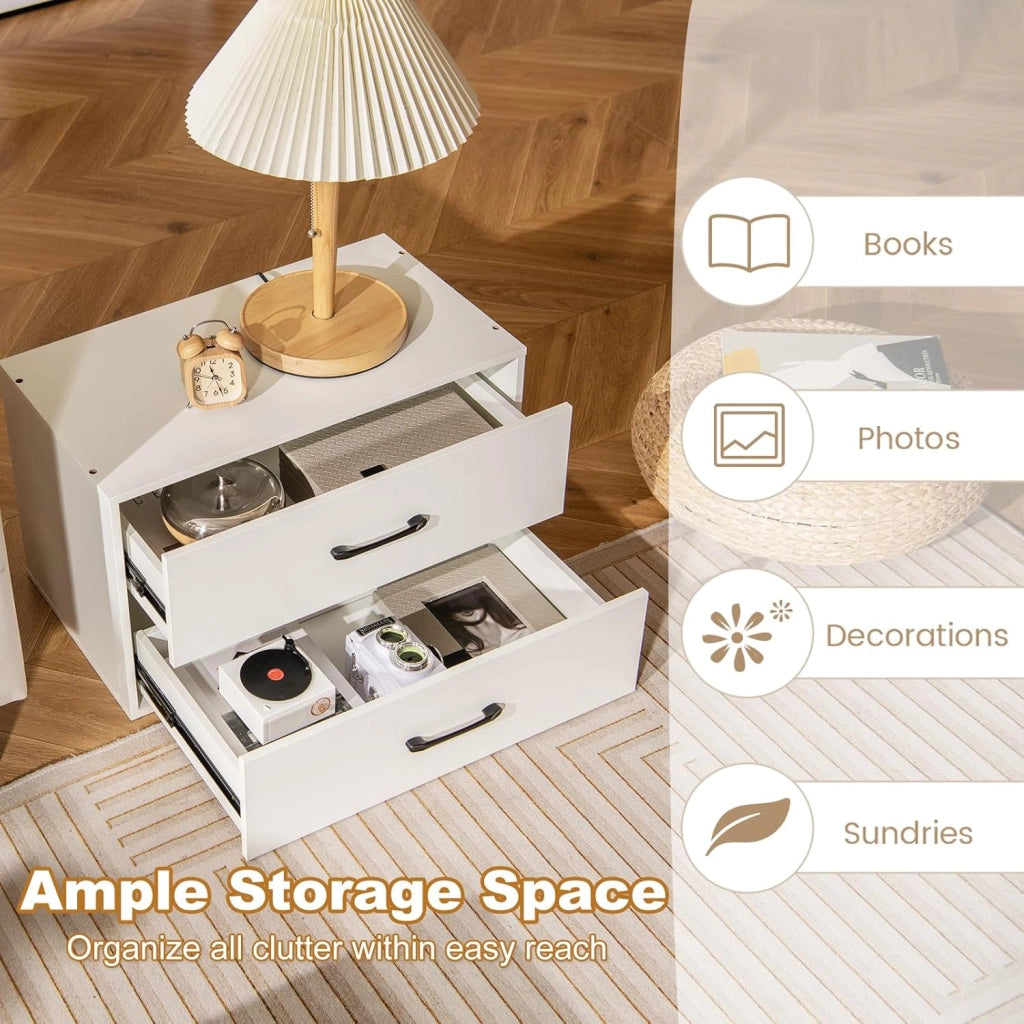 Cassettiera con 2 cassetti, dispositivo antiribaltamento, piccolo mobile in legno, per camera da letto, soggiorno, ufficio, comodino, 60 x 34 x 38 cm (bianco)