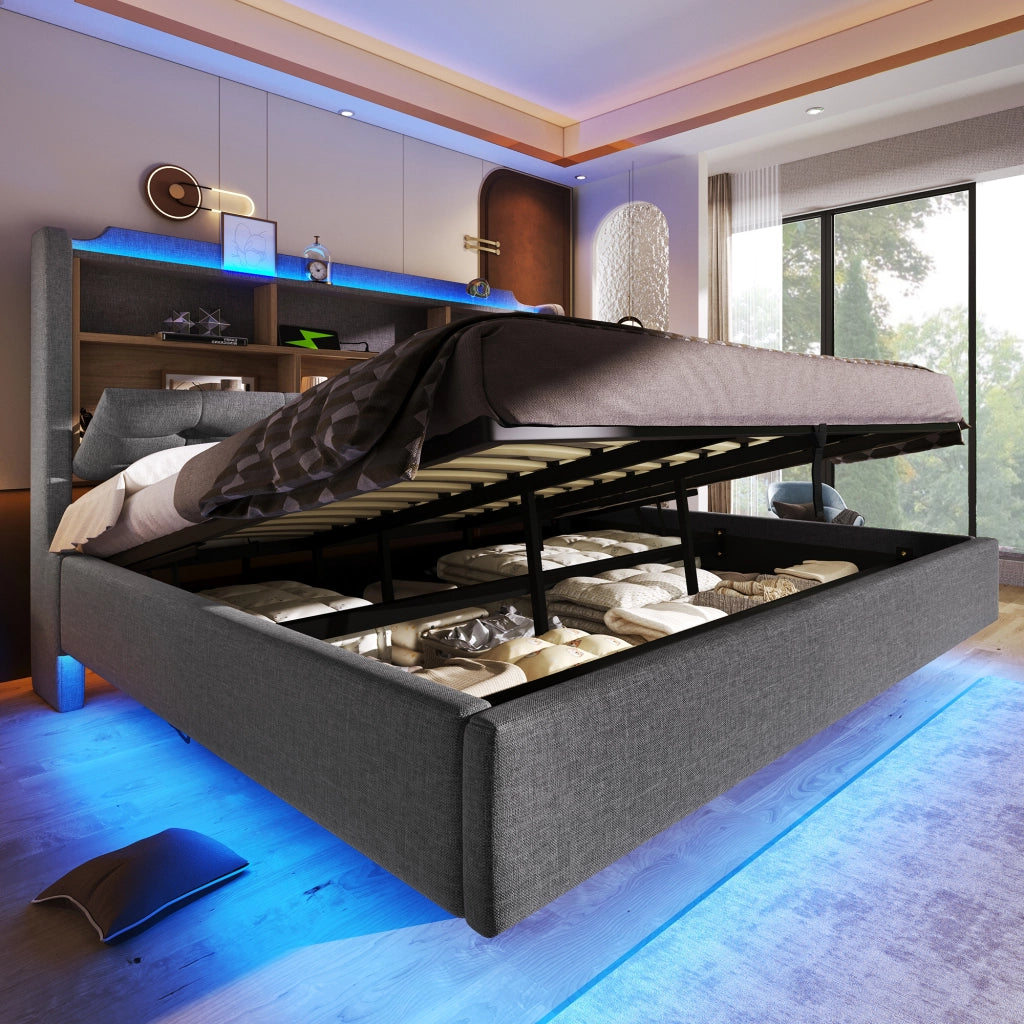 Letto matrimoniale contenitore 180x200 cm effetto sospeso con LED; testiera portaoggetti; USB e USB-C; lino grigio