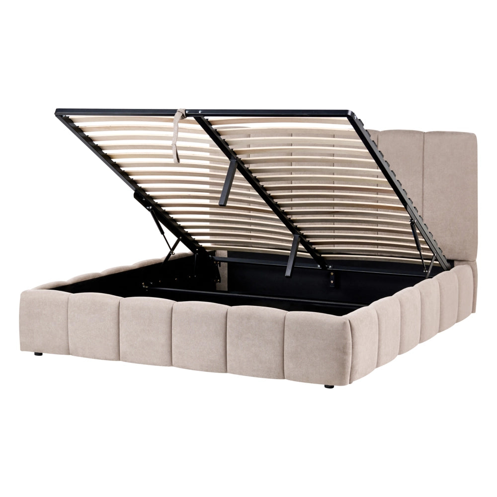 Letto matrimoniale contenitore con trapuntatura verticale in tessuto tortora 140x200 cm struttura sollevabile e testiera alta