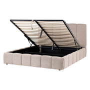 Letto matrimoniale contenitore con trapuntatura verticale in tessuto tortora 140x200 cm struttura sollevabile e testiera alta