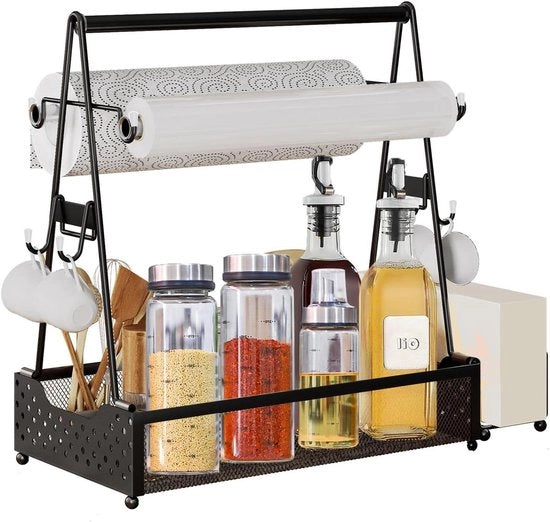 Caddy per grigliata per campeggio, picnic e outdoor - Acciaio inossidabile, metallo nero. Incluso supporto per bicchieri, rack per erbe, organizzatore per caffè, rack con 4 ganci e contenitore per accessori.