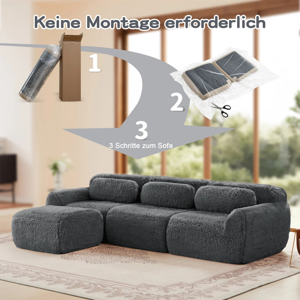 Divano Modulare ad Angolo con Ottomana, Divano Profondo senza Struttura, Cuscini e Base Antiscivolo, Peluche Grigio