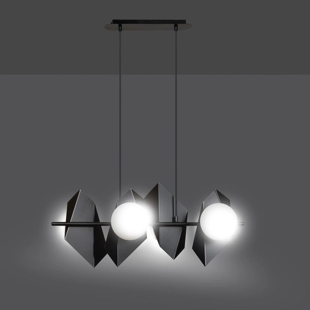 Lampadario 4 Luci Moderno Parvati In Acciaio Nero E Sfere Vetro Opalino