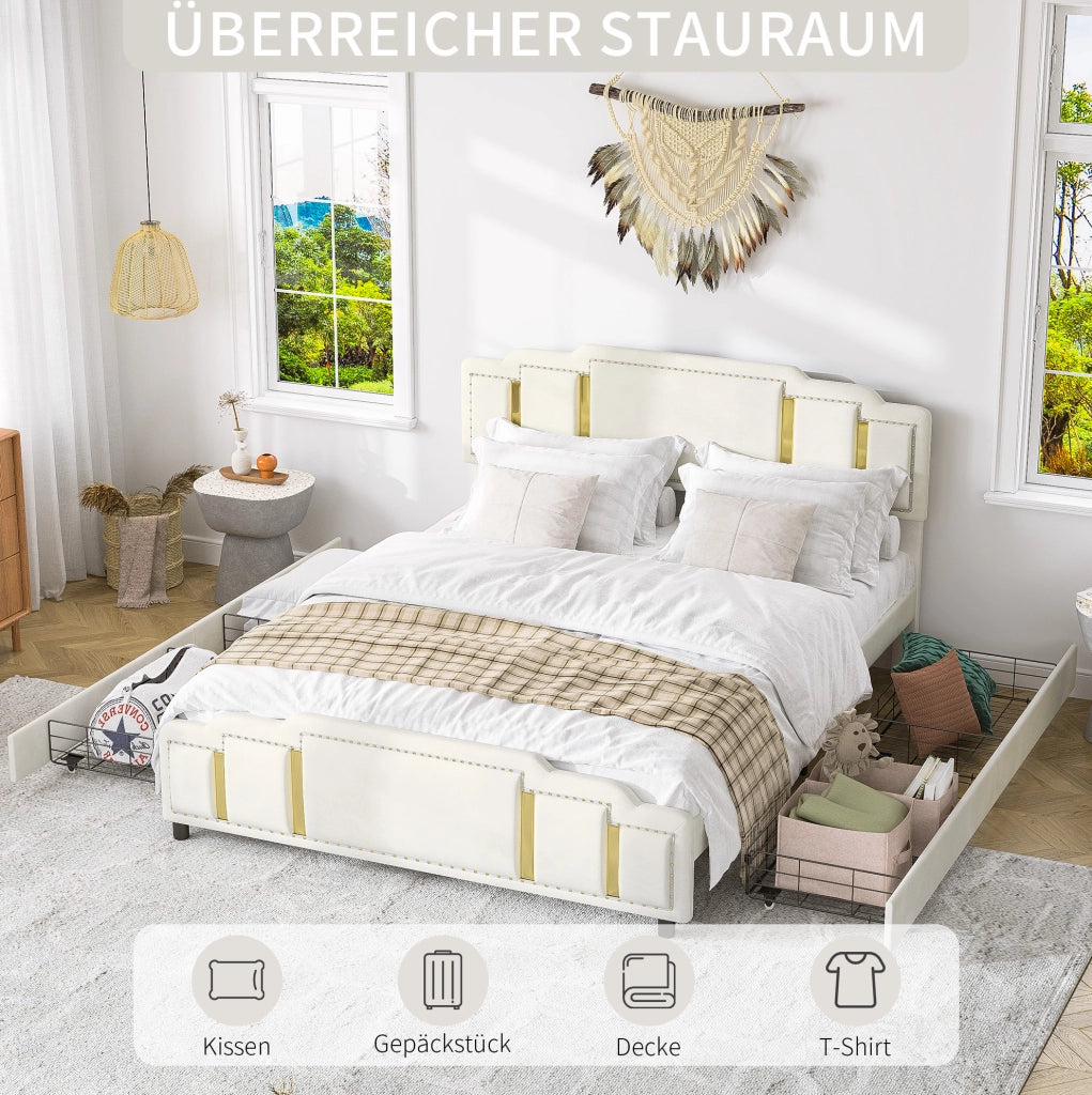 Letto imbottito 140x200 beige con LED e 4 cassetti