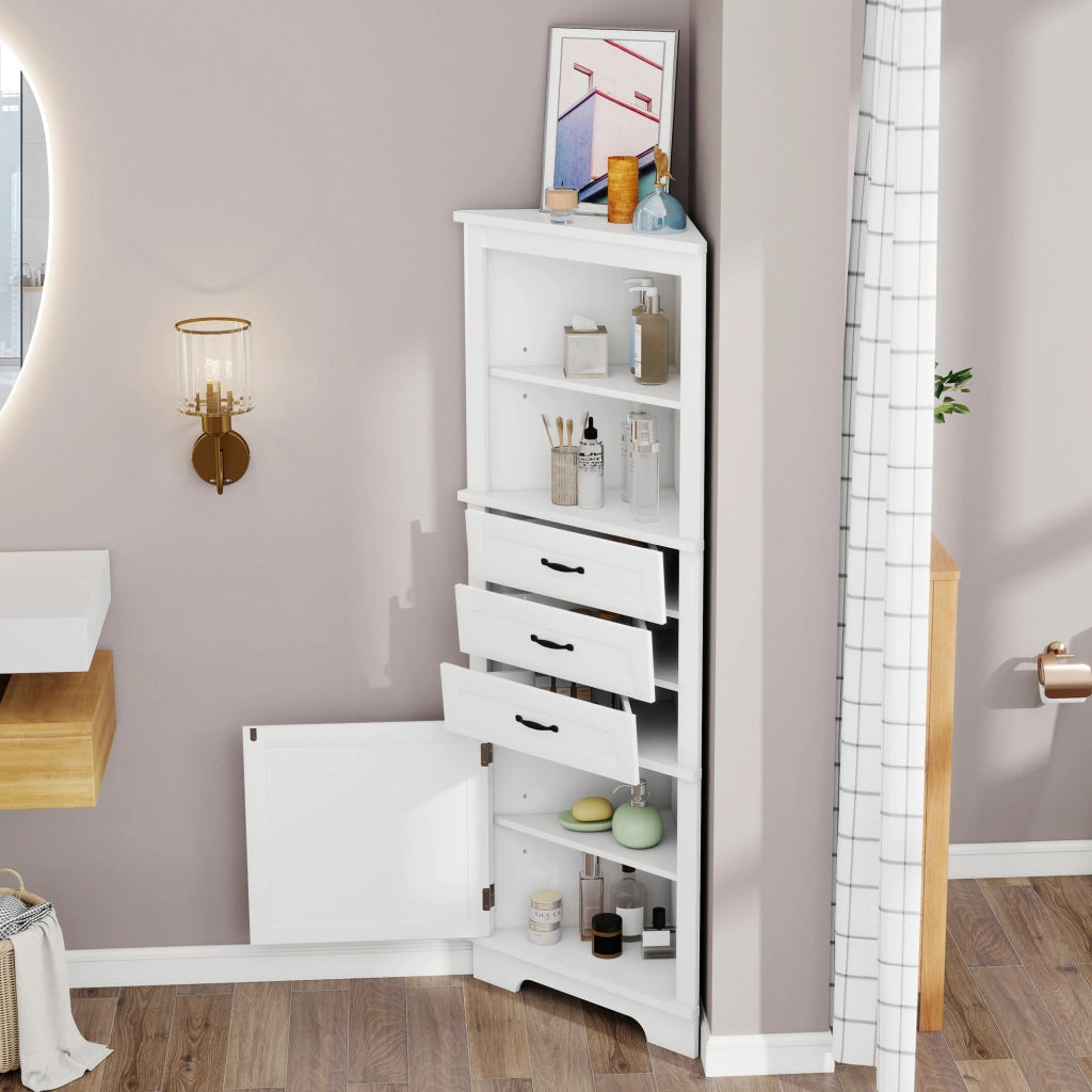 Mobile angolare da bagno in MDF bianco, 3 cassetti e ripiani regolabili