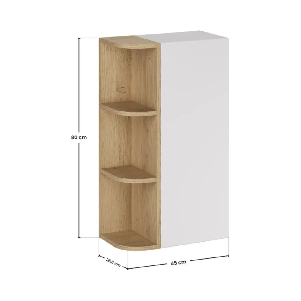 Mobile da Arredo OSTER 45cm – mobile sospeso bianco opaco con 1 anta e 3 nicchie visibili arrotondate in finitura rovere chiaro