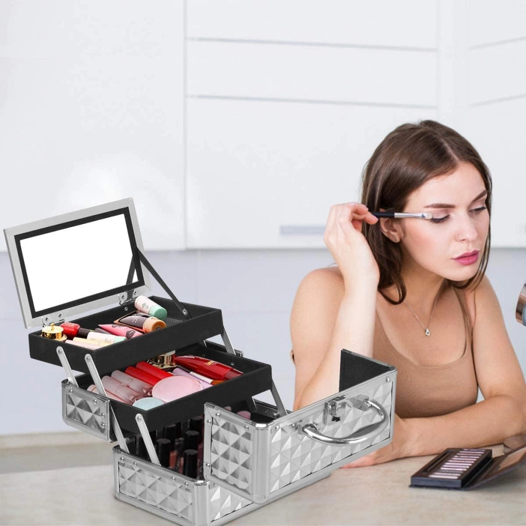 Valigetta per Cosmetici, Scatola Trucchi Professionale, Valigetta per Trucchi, con Specchio, Beauty Case, Pieghevole e Portatile, 23 x 15 x 18 cm