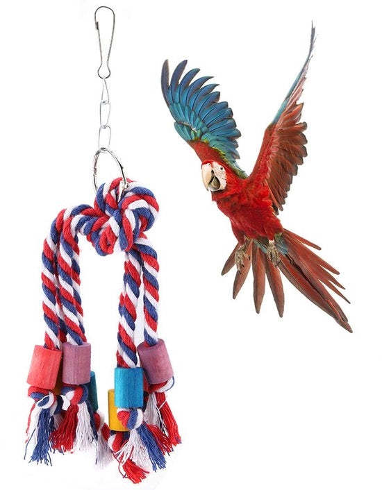 Giocattolo per uccelli con nodo colorato, filo di cotone, oscillante per parrocchetto, amazzone, kaketoe, parkiet, valkparkiet, pappagallo.