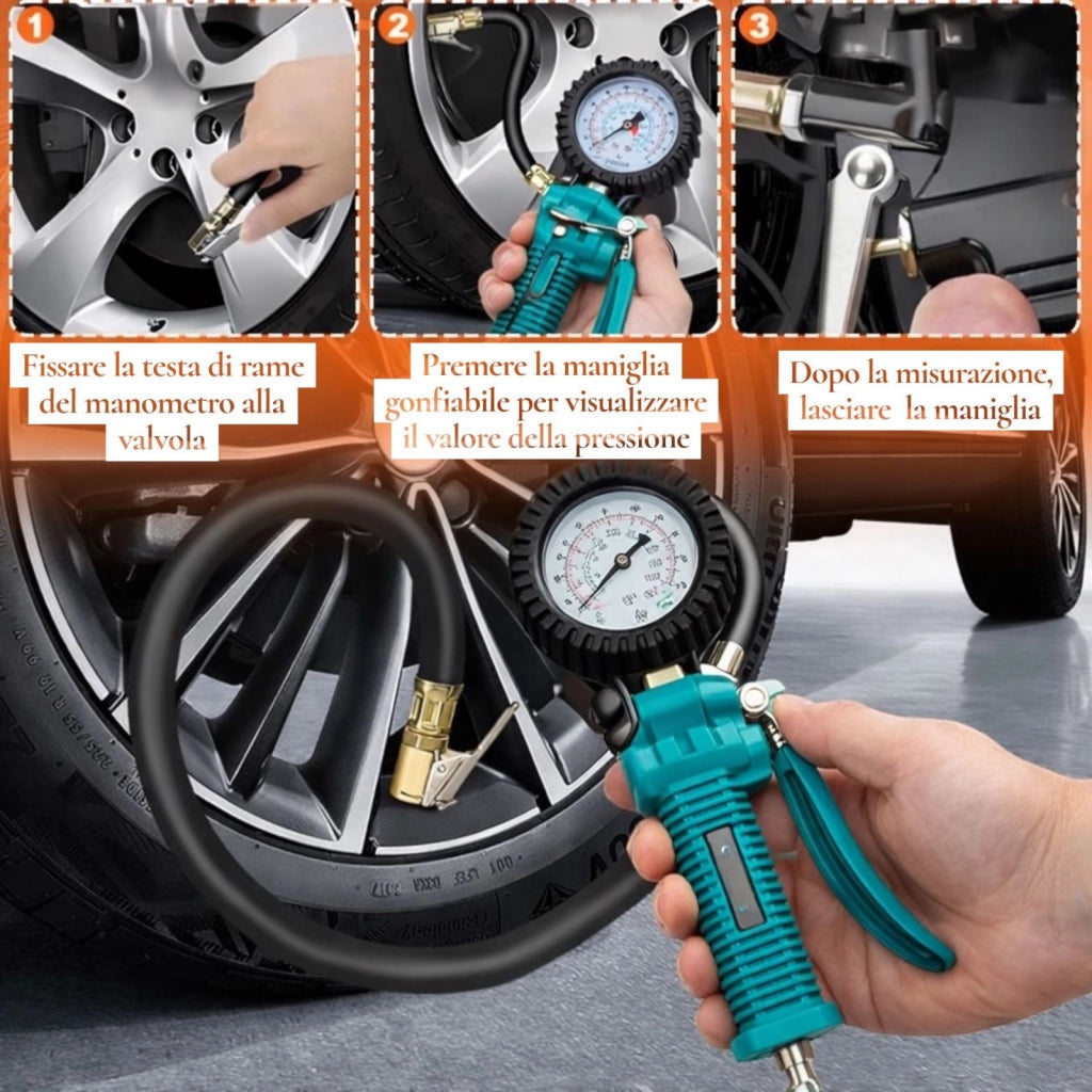 Pistola per Aria Compressa con Manometro Bar/Psi Gonfiaggio Gomme Auto e Moto