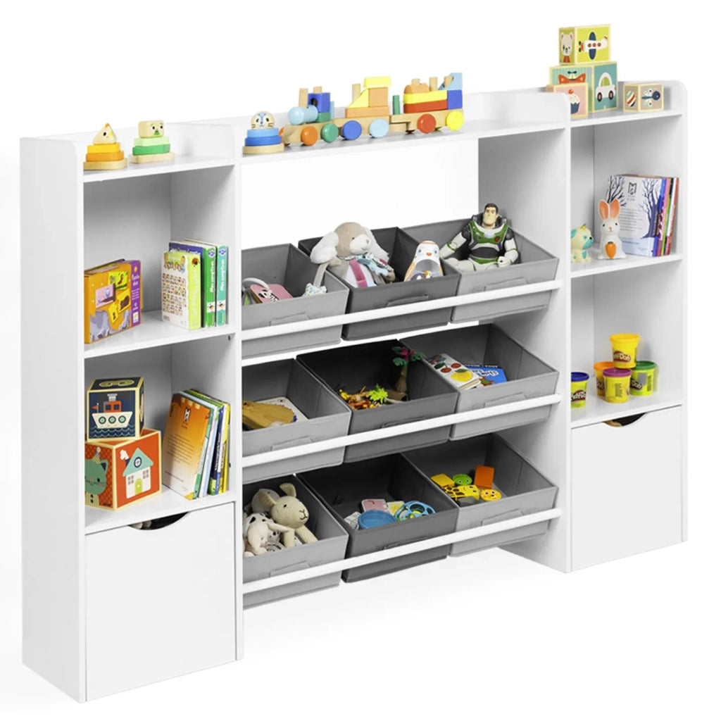IDMarket - Contenitore per bambini MANA con 7 ripiani, 6 contenitori in tessuto e 2 cubi su rotelle, bianco