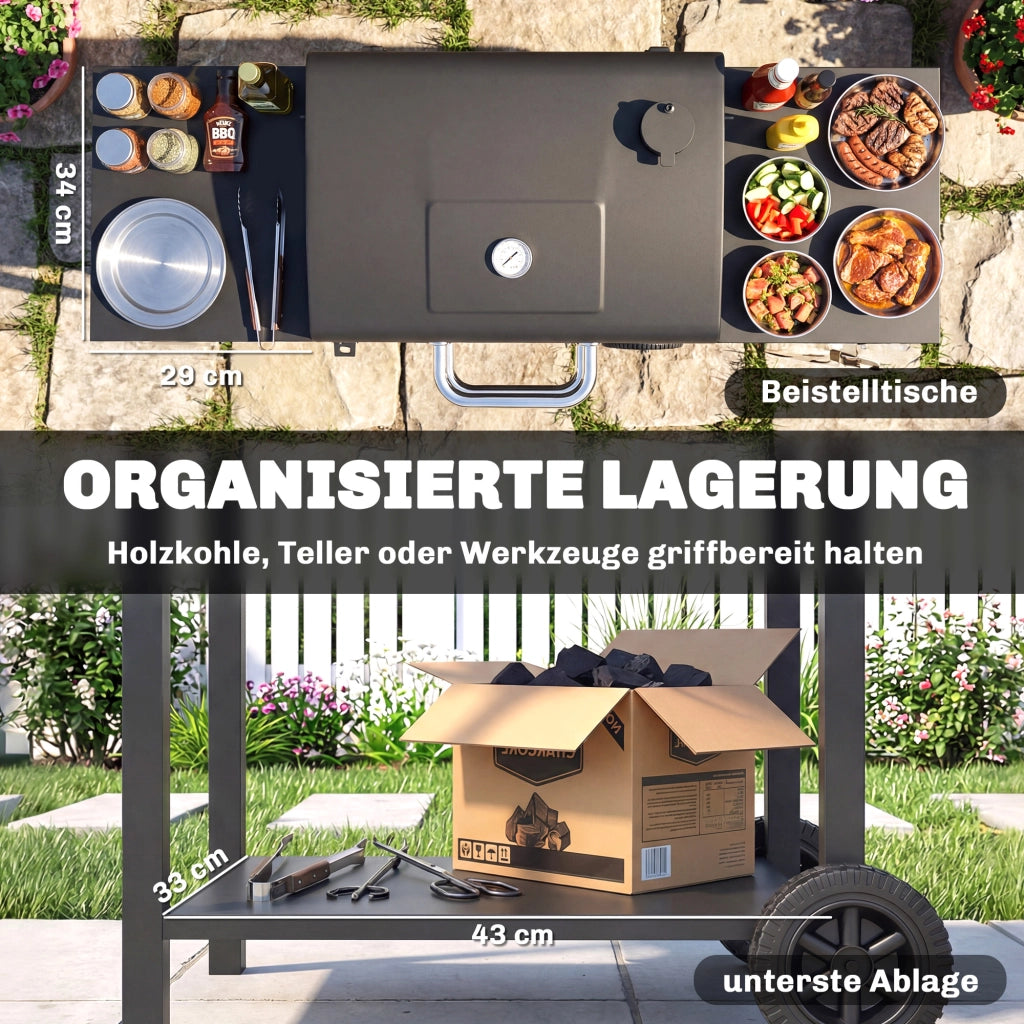 Barbecue Smoker con Coperchio e 2 Tavolini ¨C zephmum ¨C Grigio, Acciaio, 120x80x110 cm