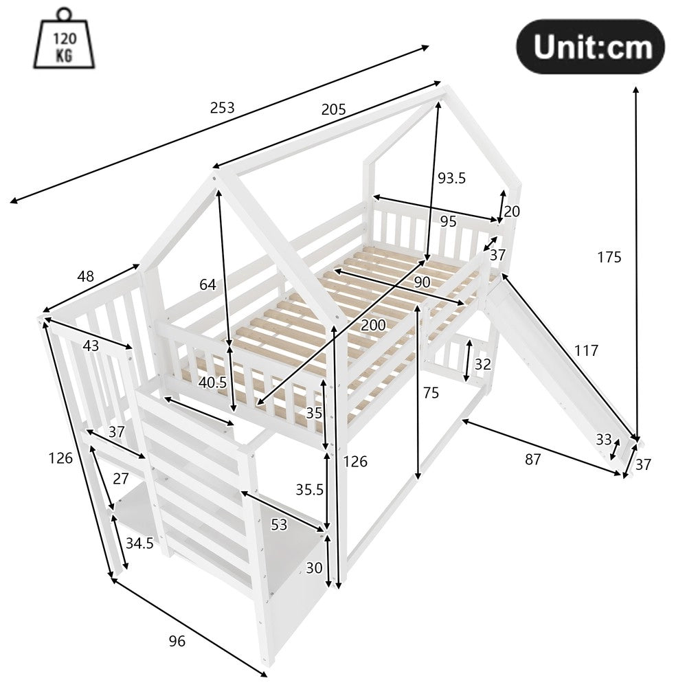 Letto a Castello con Scivolo e Scala Contenitore ¨C MINIMAL ¨C Bianco, 90x200