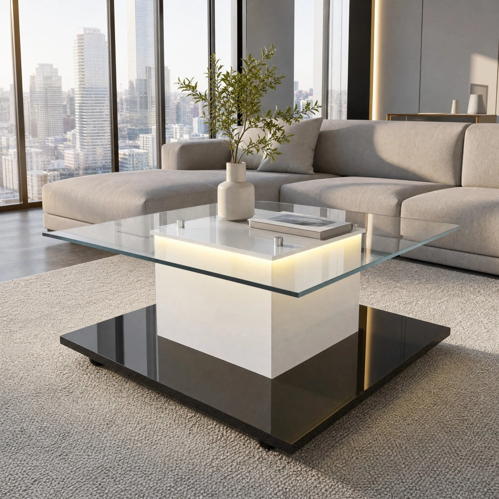 TAVOLINO DA CAFFÈ 80 x 40 cm in pannello di legno bianco e nero con LED