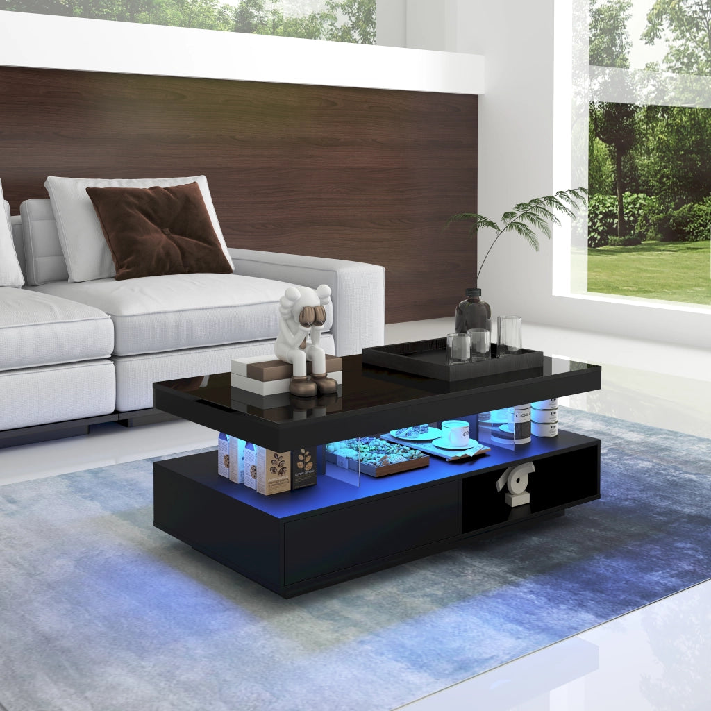 TAVOLO BASSO 95x50x42,5 cm Nero Lucido con 4 inserti in vetro, 2 cassetti e 2 vani aperti