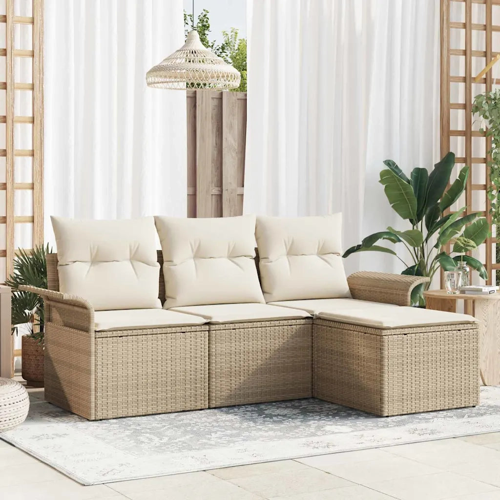Set Divano da Giardino con cuscino 4 pz | Set Salotto da Giardino Beige Poly Rattan