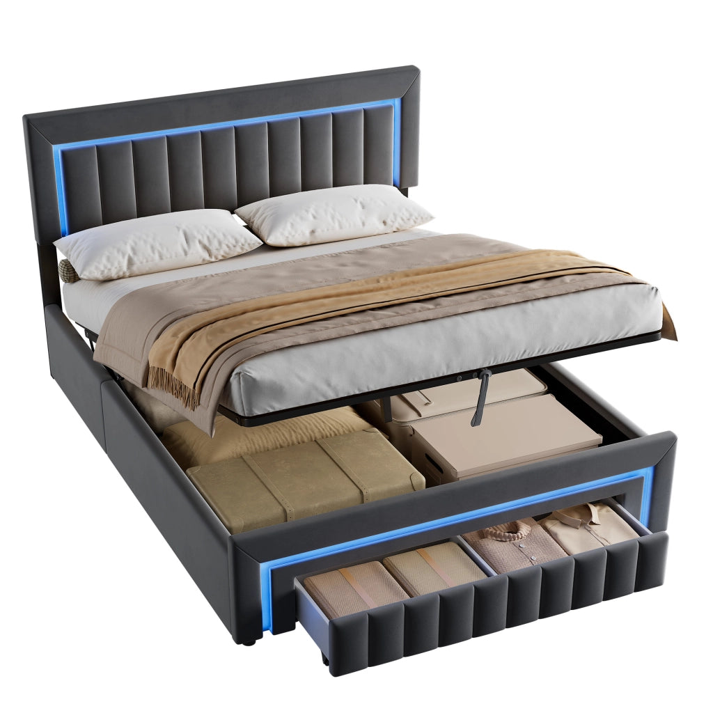 Letto matrimoniale imbottito 160x200 cm grigio scuro in velluto con LED e cassetti