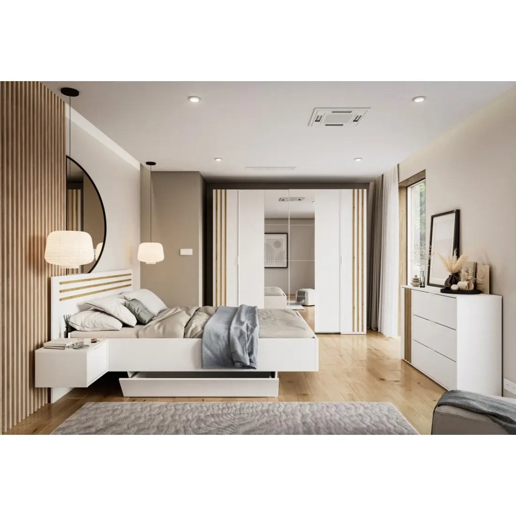 Camera completa FLORENCE – Letto 160x200 + rete + cassetti + armadio + cassettiera – Bianco e rovere