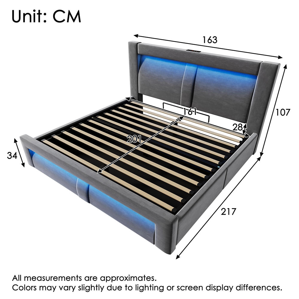 Letto matrimoniale-Xylo-160x200cm idraulico LED USB-C velluto grigio con materasso