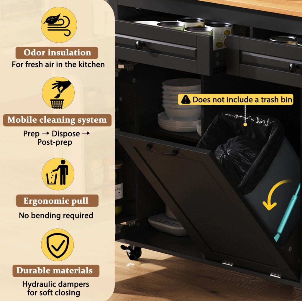Isola da cucina mobile con piano estraibile; prese USB e Type-C; vano rifiuti; MDF nero