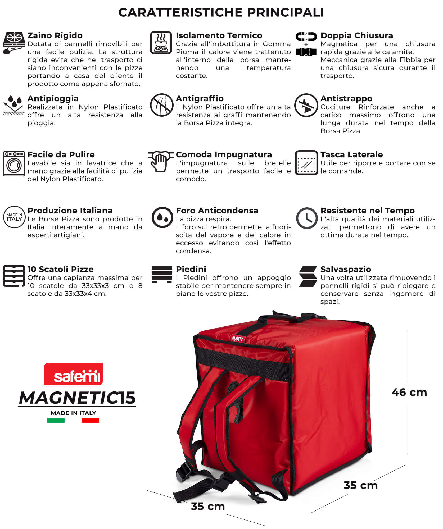 Zaino Termico Rigido Magnetico Porta Pizze da Asporto 15 Cartoni Safemi Magnetic 15 Rosso