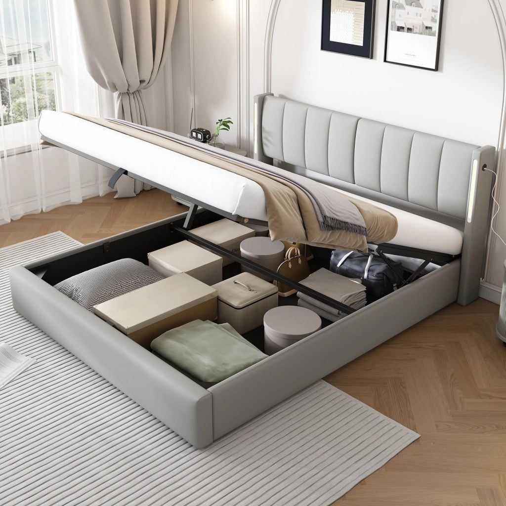 Letto LED con USB Type-C; contenitore; testiera regolabile; 180x200 cm; PU grigio