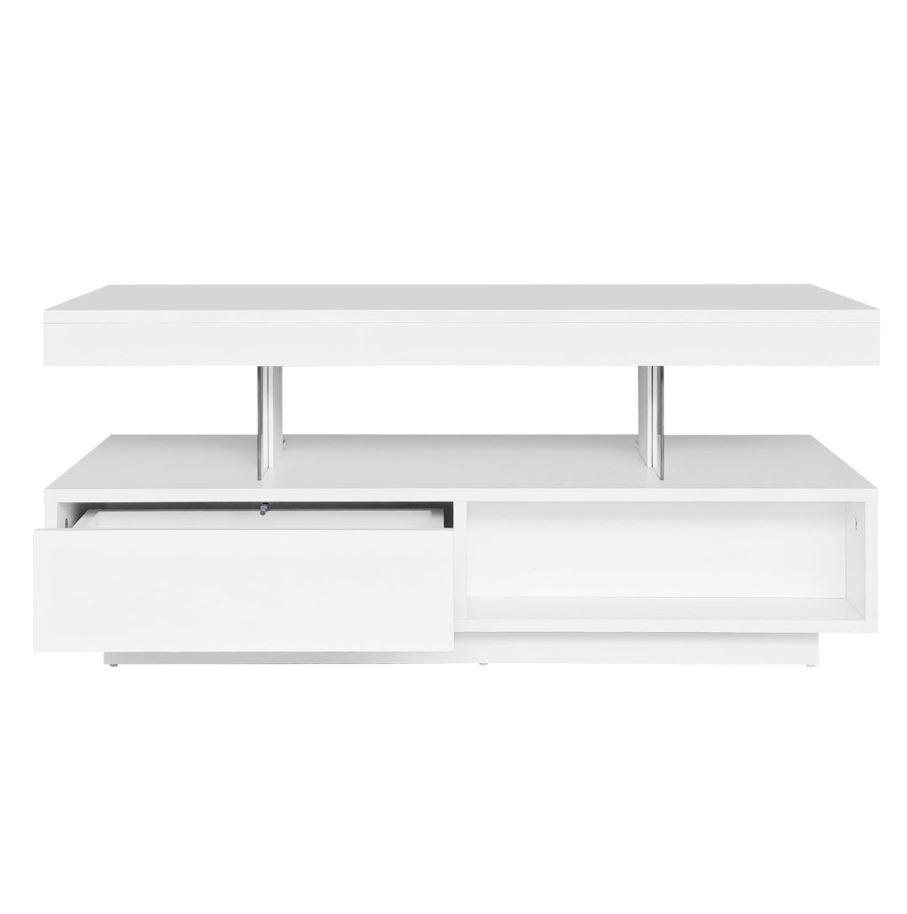 Tavolino da salotto bianco lucido 95x50x42;5 cm con 2 cassetti e 2 vani a giorno