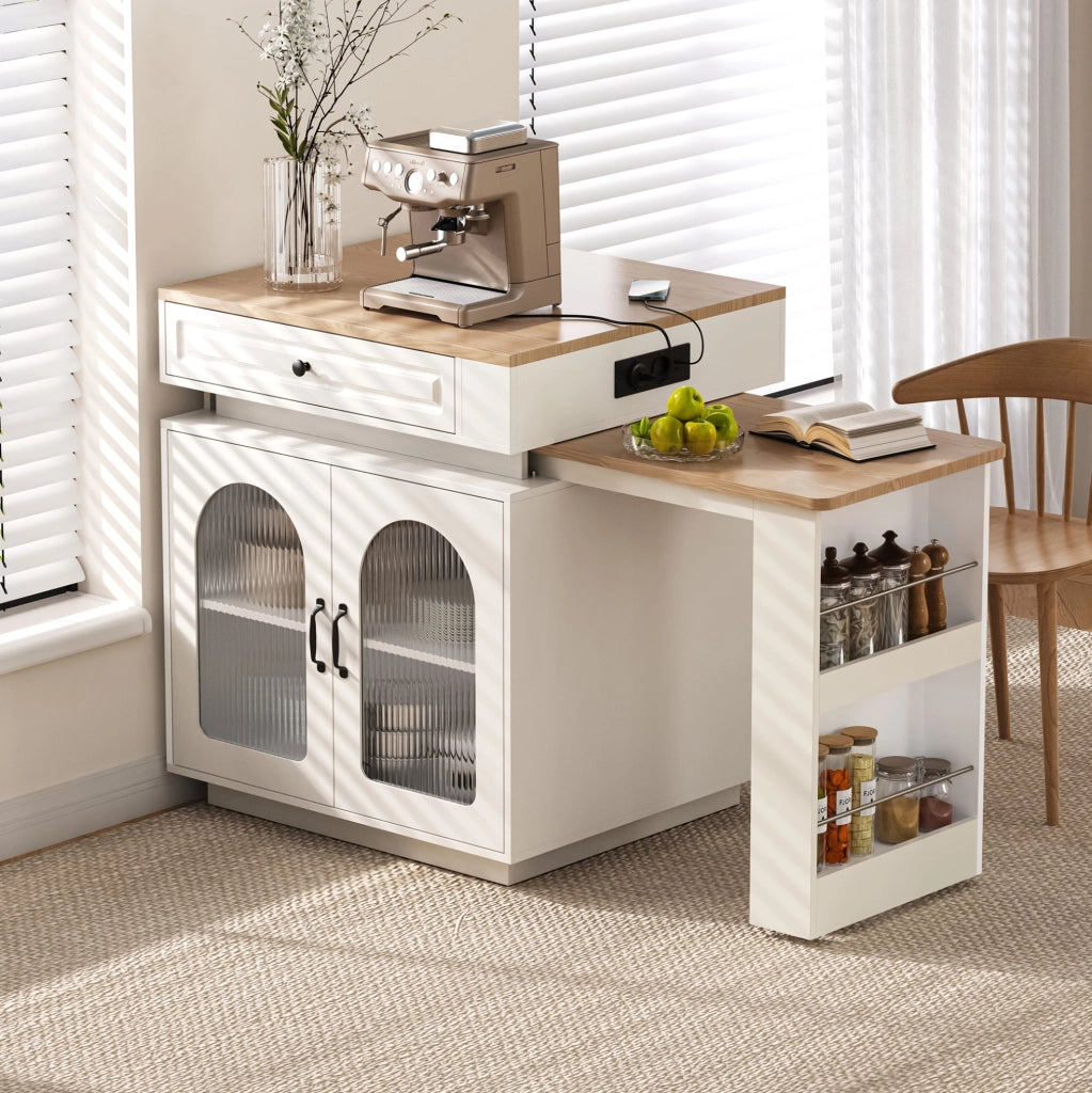 Isola cucina con tavolo estraibile LED e prese, bianca