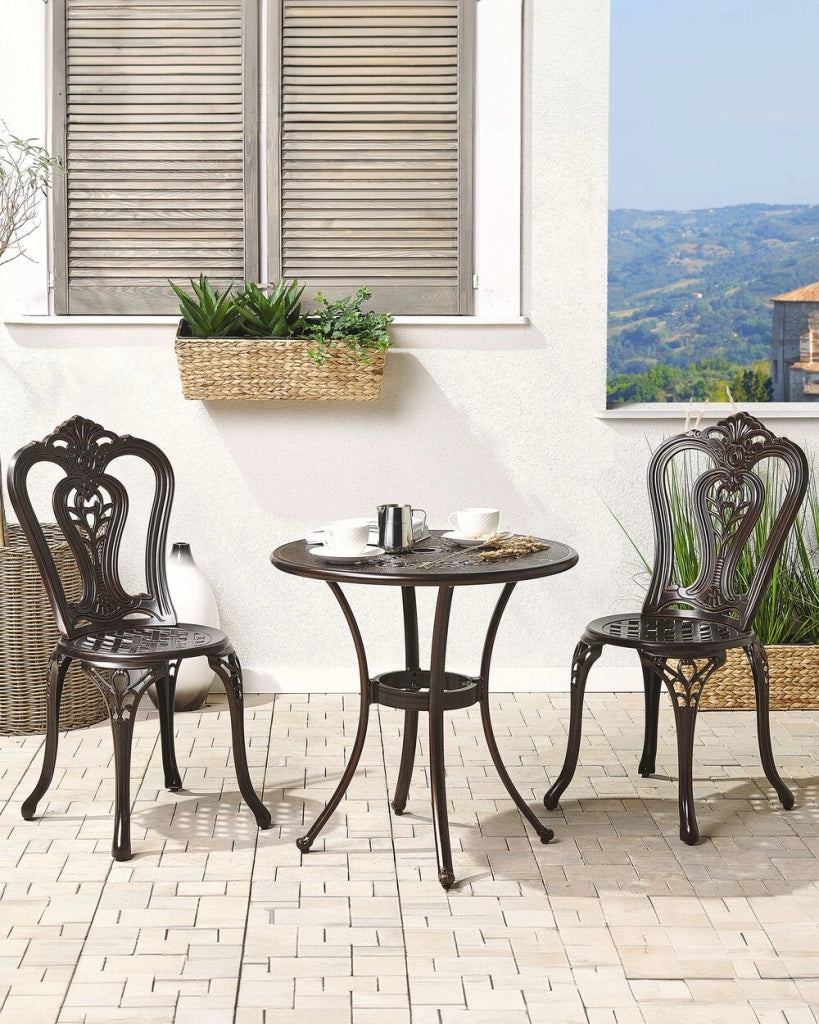 Set di 2 sedie da giardino in alluminio marrone Bistro senza braccioli da pranzo modello vintage in metallo