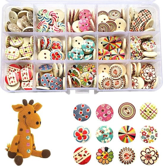 Punti per il fai da te stesso - Punti rotondi misti in legno - Punti da cucire per un look vintage - Scatola di conservazione in plastica - Punti da cucire per scrapbooking artigianale manufatti (15 mm) 225 pezzi