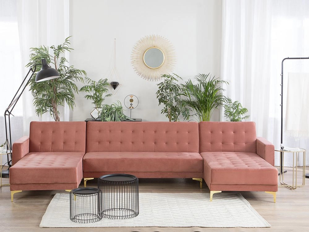 Divano letto ad angolo in tessuto trapuntato in velluto rosa moderno a forma di U componibile a 5 posti con chaise longue