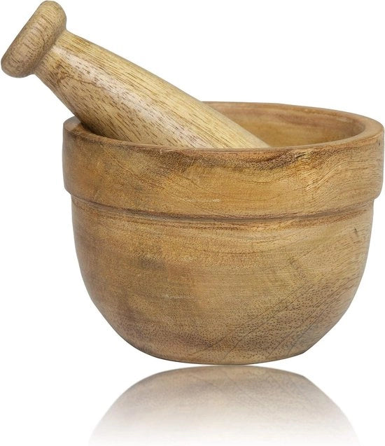 Set di Mortaio e Stampatore in Legno Indiano - Stile Rustico Naturale - Molino a Mano per Erbe - Mixatore per Masala - Accessori per la Cucina di Benvenuto
