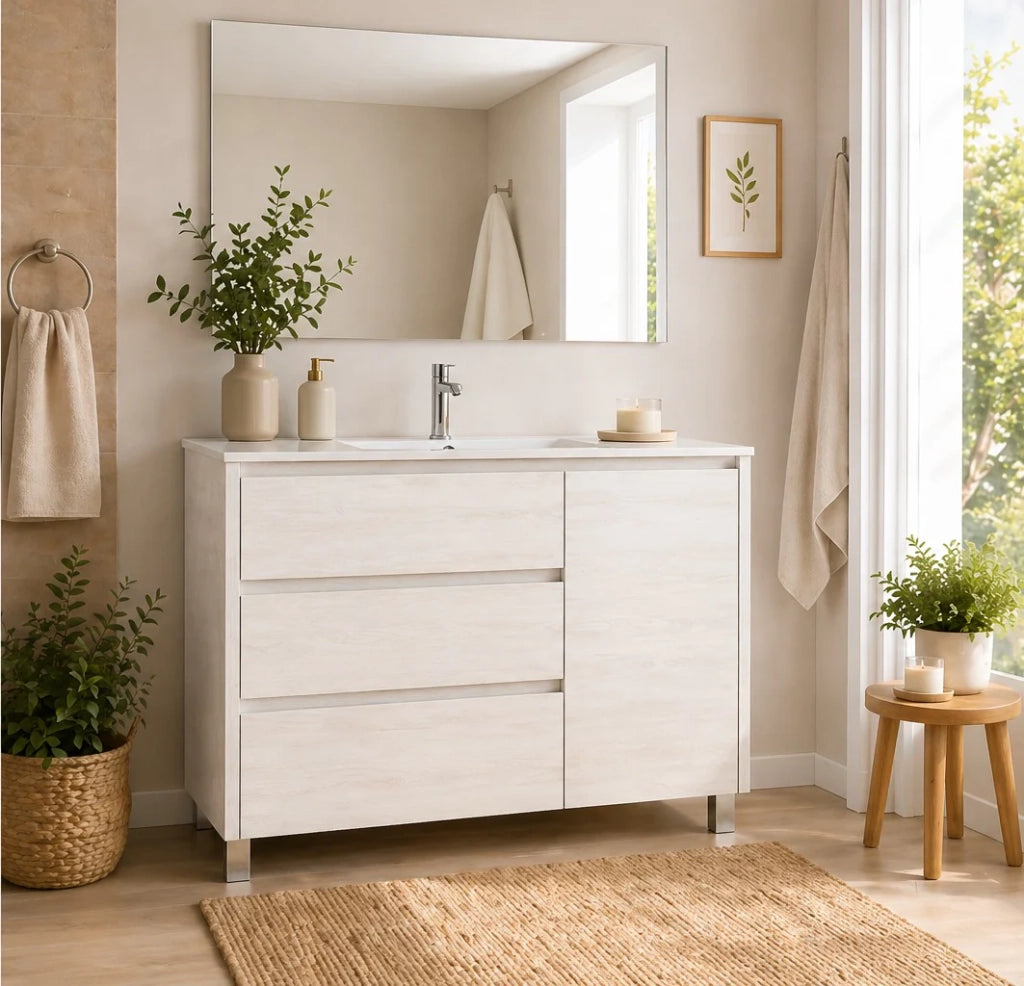 Mobile Bagno VOLUM Già Montato 3 cassetti e porta, lavabo e specchio Bianco nordico 90x45 cm