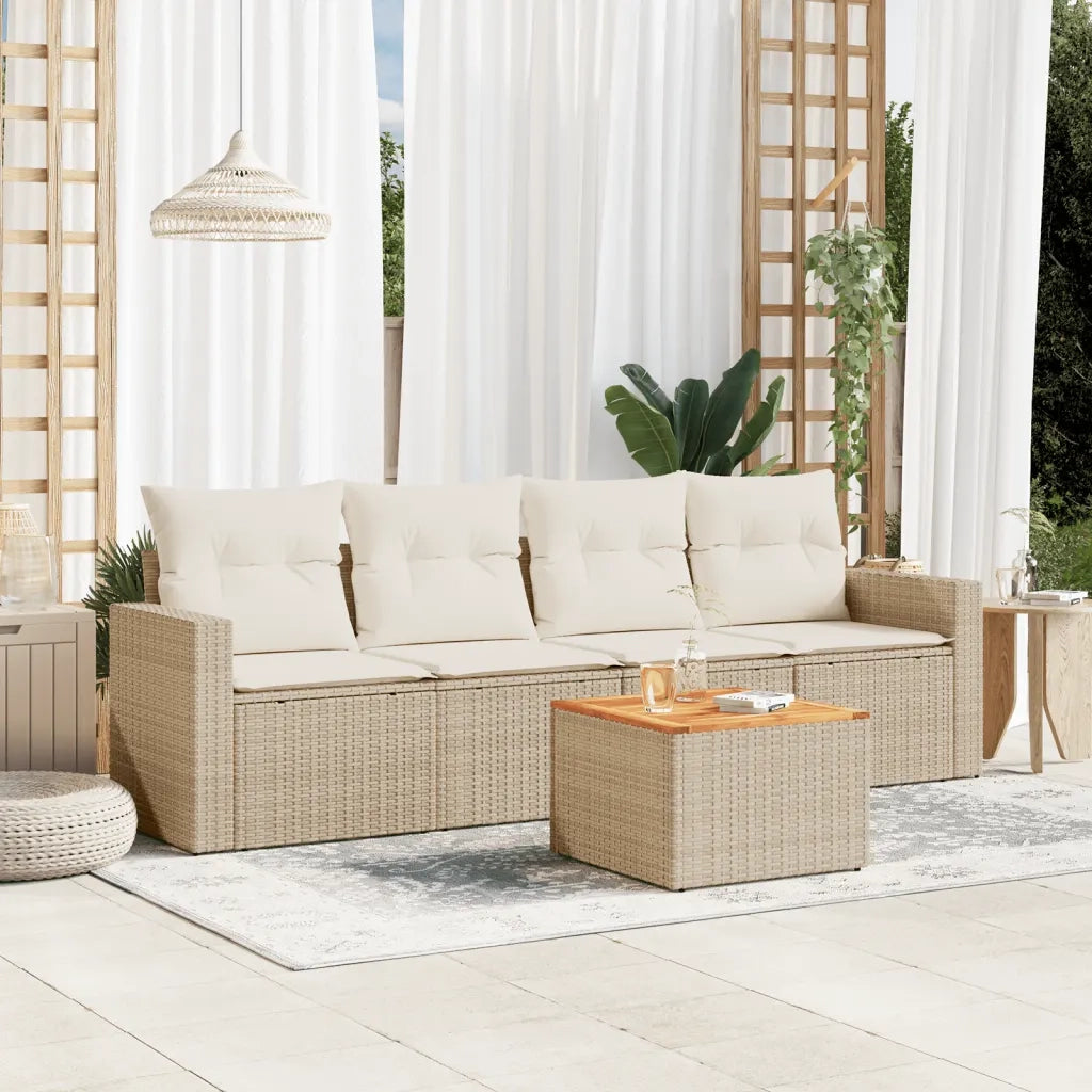 Set Divano da Giardino 5 pz con Cuscini Beige in Polyrattan