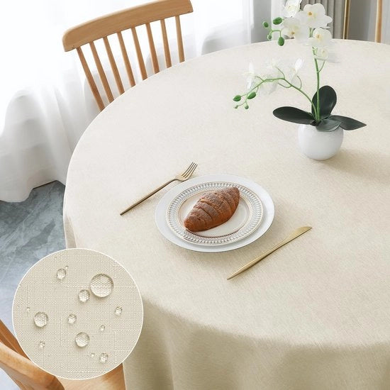 Tavolo Rotondo Coperta in Beige con Aspetto di Lino, Coperte da Tavolo Lavabili in Poliestere Idrorepellenti con Effetto Lotus, Resistenti alle Scalfitture per Salotto, Cucina, Terrazza, Giardino
