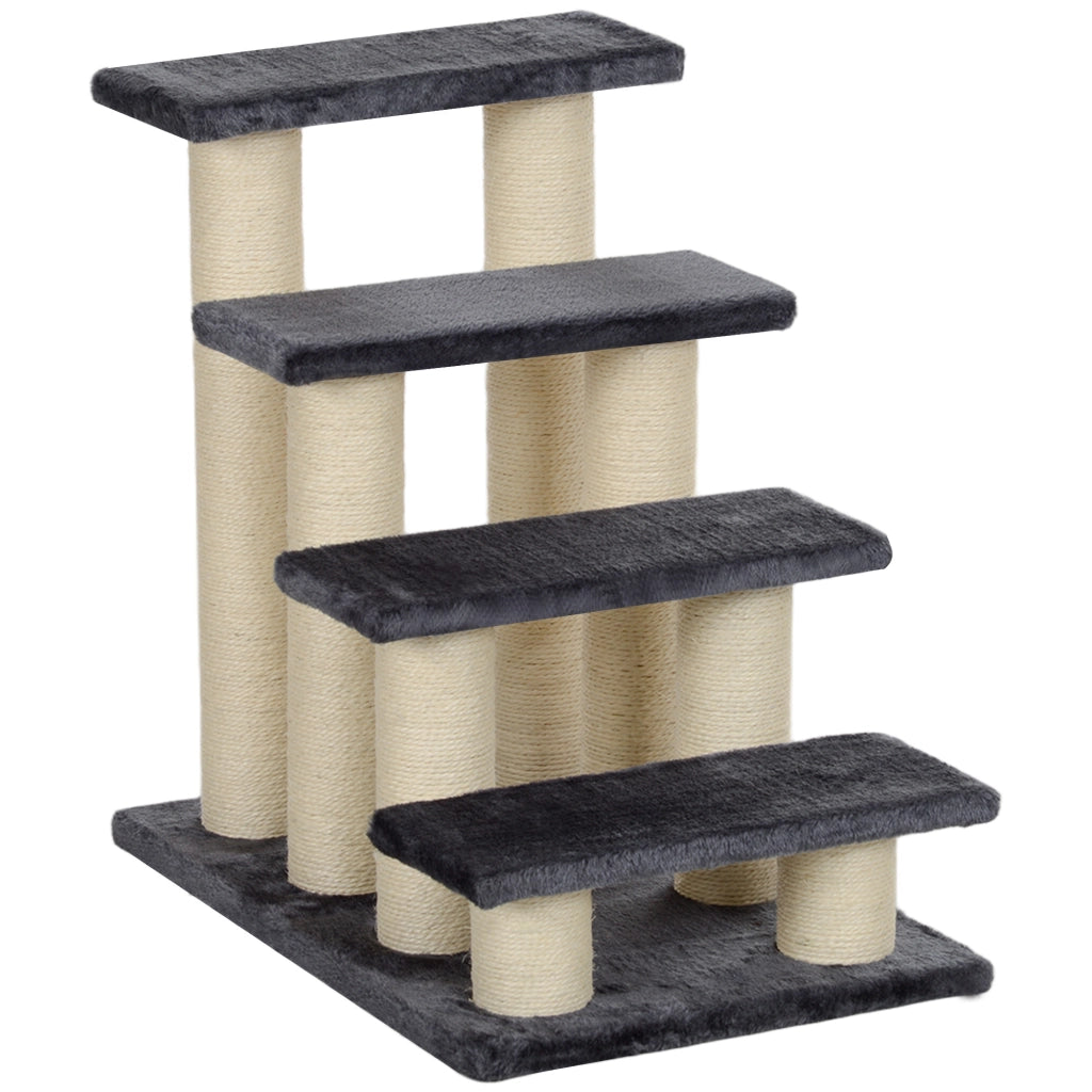 Tiragraffi per gatti e cani a 4 gradini in truciolato con rivestimento in peluche grigio 60 × 40,5 × 59 cm