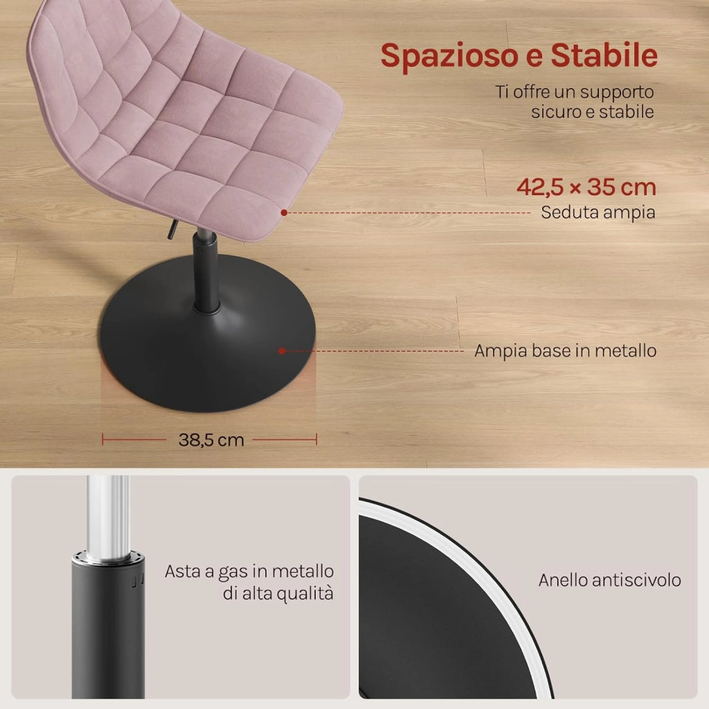 Sgabello da trucco Sedia Alta da Cucina sgabello cucina con Schienale Altezza Regolabile Girevole 360° in Velluto Rosa, 38-49.5cm, BH300rs-1