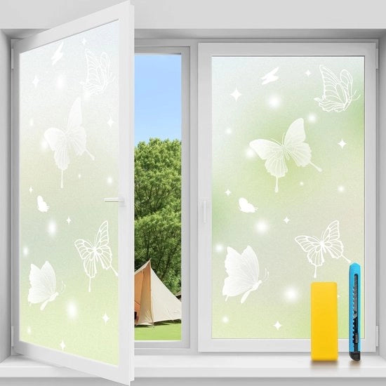 Foglia di vetro per finestra senza adesivo 44,5 x 200 cm Opaque con motivo farfalla - protezione UV, decorativo per bagno, camera da letto e ufficio